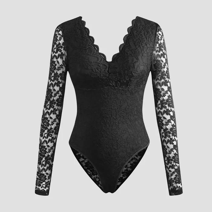 Combinaison sexy en dentelle pour femme 2026, couleur unie, manches longues, corset transparent, hau