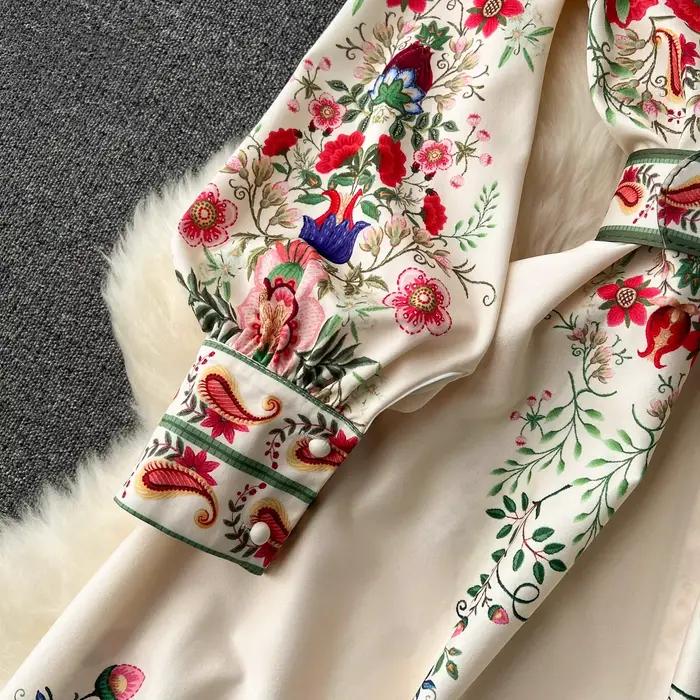 Robe Longue à Col Montant pour Femme, Manches Lanternes, Imprimé Floral, Simple Boutonnage, Ceinture
