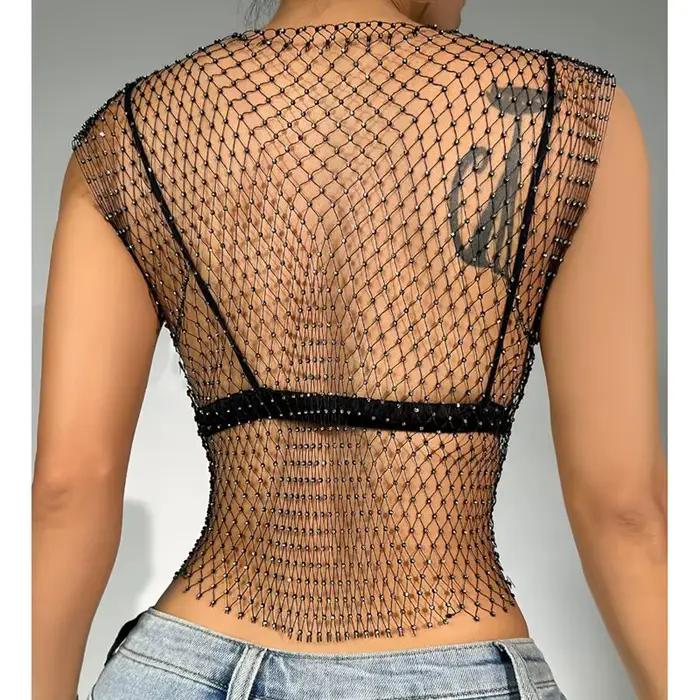 Haut court en résille pour femmes, Sexy, strass brillants, débardeur Y2K, transparent, Cover-Up pour