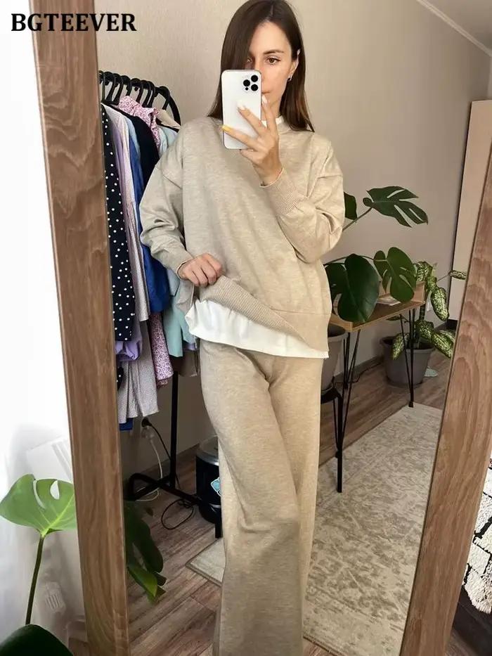 BGTEEVER-Ensemble 2 pièces décontracté pour femme, pulls patchwork, manches longues, jambe large, fj