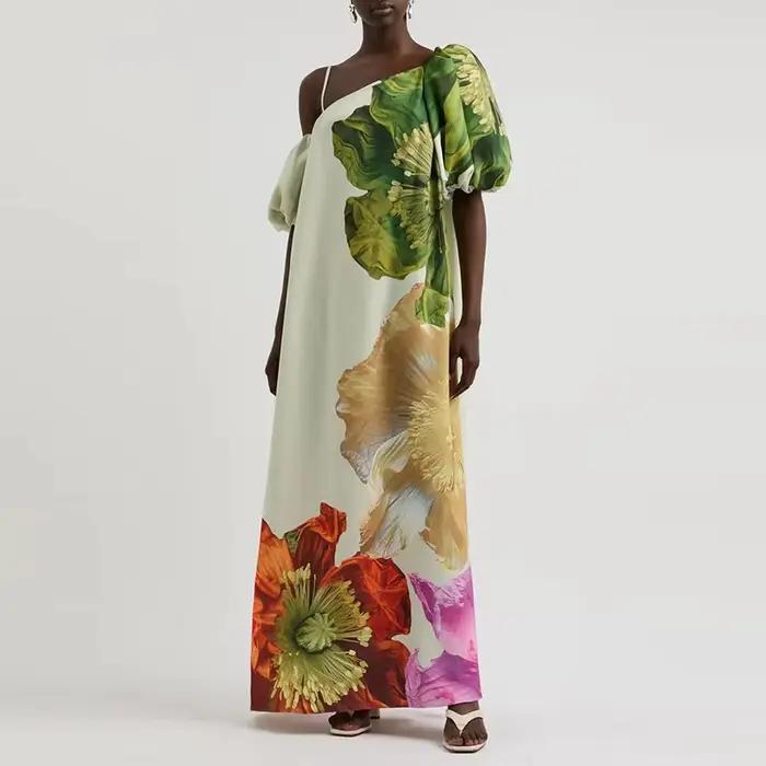 Sexy dame col incliné taille haute Robe Robe plage vacances fleur imprimé tenue décontractée printem