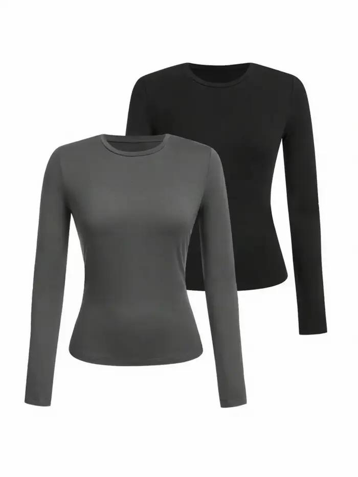 T-shirt femme manches longues couleur unie - Tissu tricoté polyester, col rond, coupe régulière, sty
