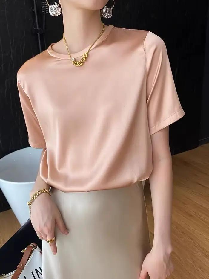 Soie Satin manches courtes t-shirts Style coréen Slip femme vêtements d'été élégant noir marron haut