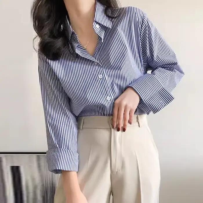 Classique rayé femme printemps automne Blouses chemise dame longue lanterne manches col montant lâch