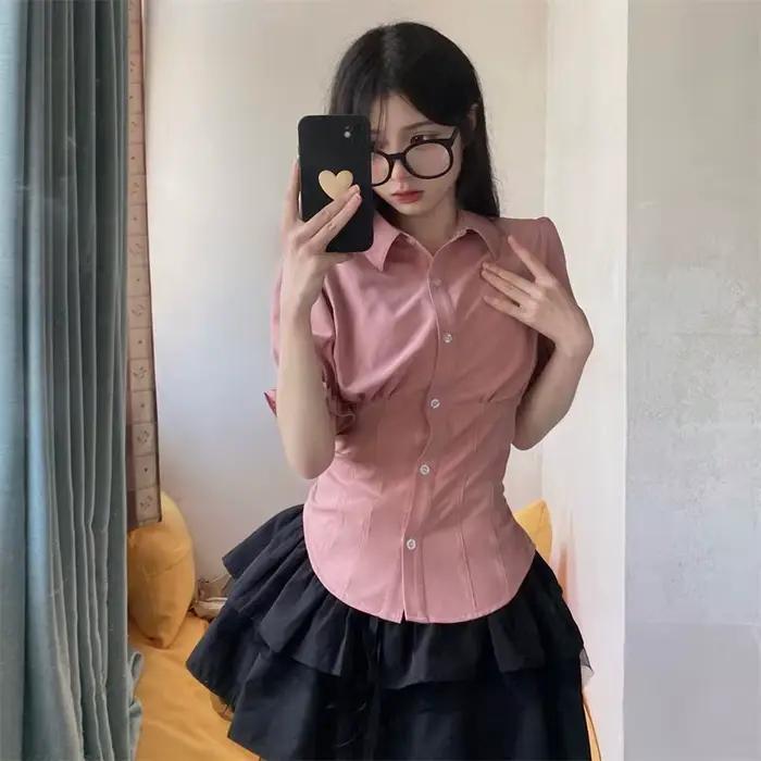 Chemises à Manches Courtes pour Femme, Slim, Plissé, Doux, Mignon, Preppy, Style Japonais, Y2k, Vête