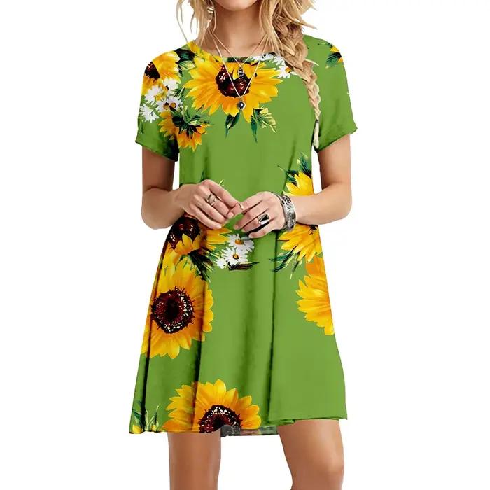 Robe à imprimé tournesol Boho pour femmes, robes à col rond pour dames, manches courtes, décontracté