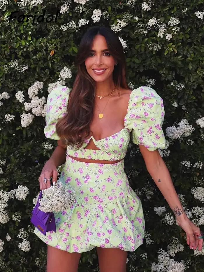 Robe Corset Style français, rose, fleur, vert, ensemble, Mini, Vintage, manches bouffantes, Sexy, co