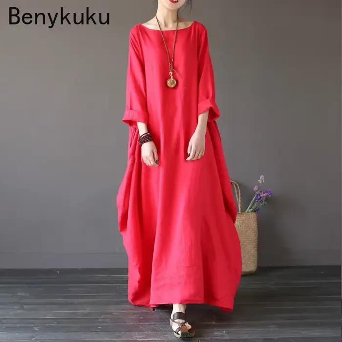 Vintage longue robe Maxi femmes à manches longues grande taille caftan Baggy ample coton lin robes d