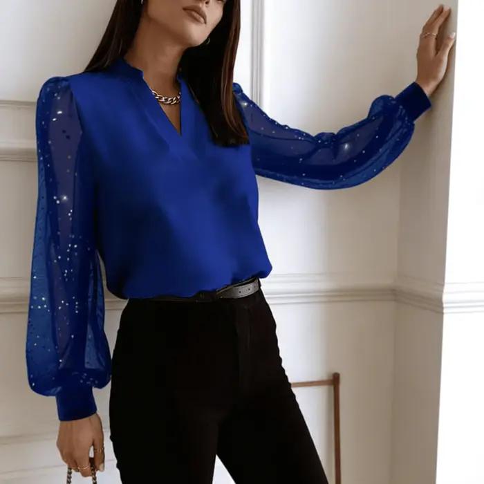 Chemisier bleu pour femme, col en V, manches bouffantes transparentes à sequins, élégant, en moussel