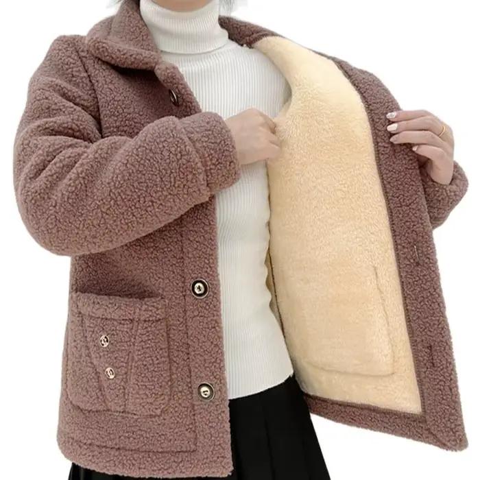 Manteau en fourrure d'agneau à simple boutonnage pour femme, veste décontractée pour femme, poche à