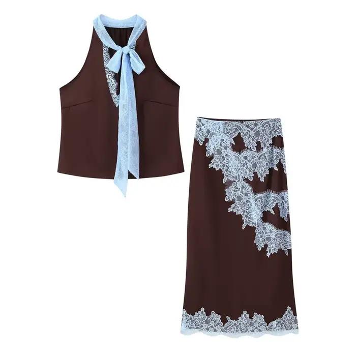 Femmes printemps été nouveau Sexy dentelle broderie épissage jupe ensemble femme élégant col en v à