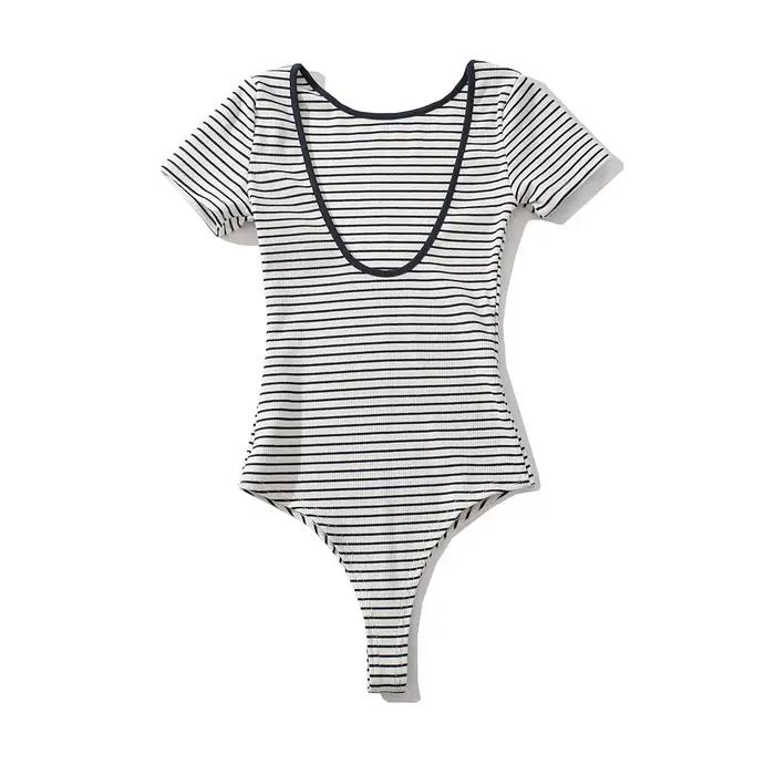 Body à rayures noires et blanches pour femmes, lingerie sexy, manches courtes, mode, médicaments, mo