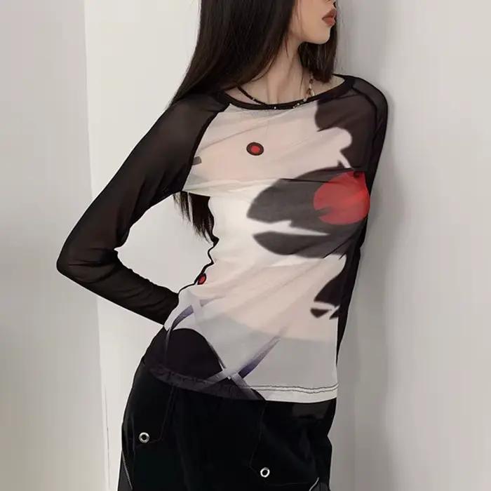T-shirt en maille Karrcat cyber-y2k, hauts imprimés Grunge esthétique japonais Harajuku, teinture pa