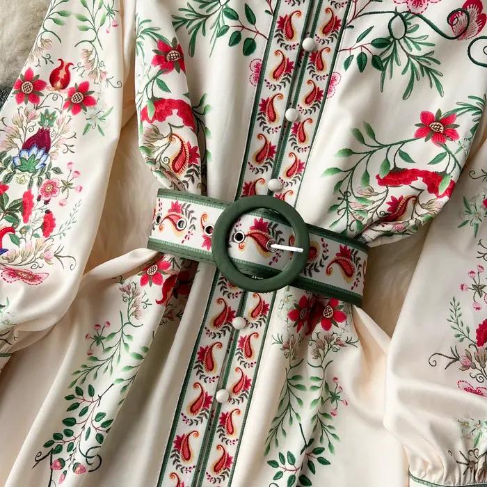 Robe Longue à Col Montant pour Femme, Manches Lanternes, Imprimé Floral, Simple Boutonnage, Ceinture