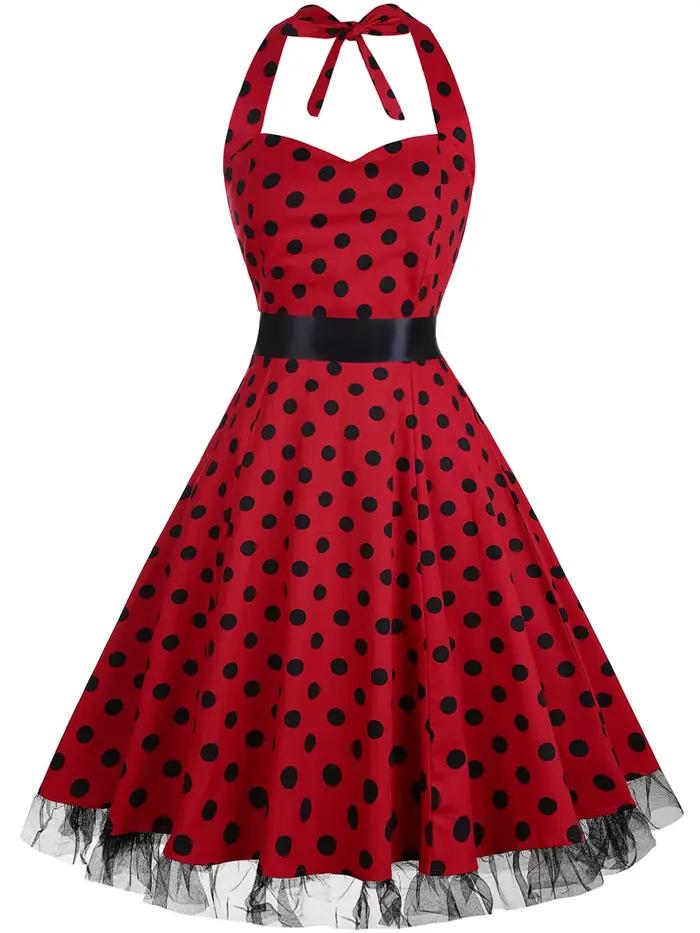 Robe vintage pour femme, style Hepburn, col halter, à pois, élégante, coupe évasée, style années 50,