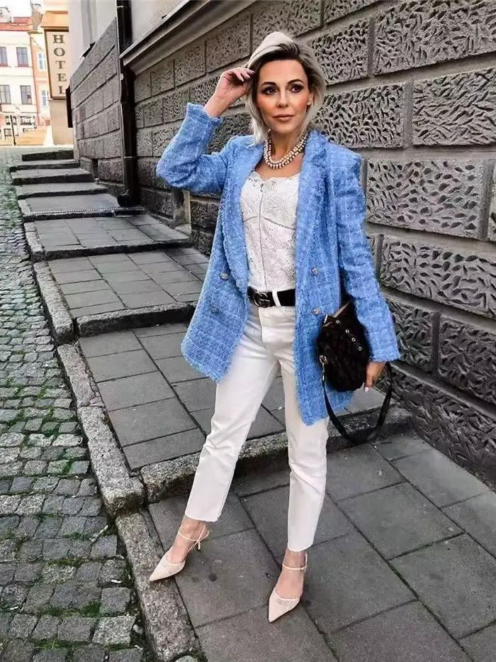 Tweed – veste Vintage ample et élégante pour femme, vêtement d'extérieur Chic, à la mode, décontract