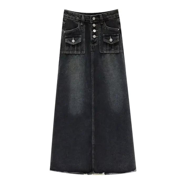 S-5XL Nouveau Vêtement de rue Jupe en jean Printemps Été Mode Ourlet effiloché Poche Taille haute Lo