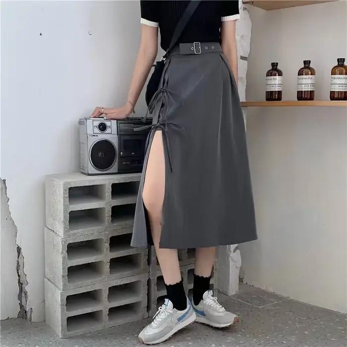 Jupes mi-mollet à fente haute gothique foncé vintage pour femmes, mode élégante, fête, club, taille