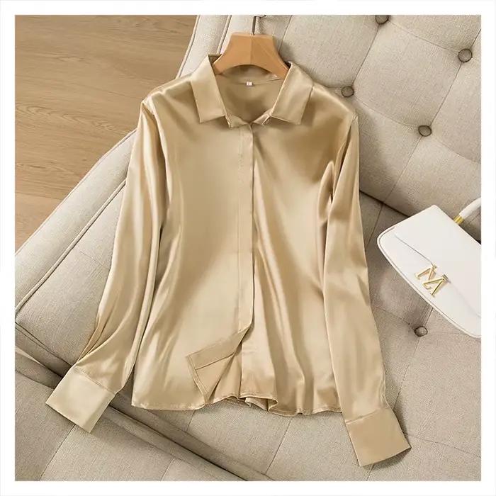 2025 femmes haut tendance tempérament lourd soie élastique Satin couleur unie à manches longues bure
