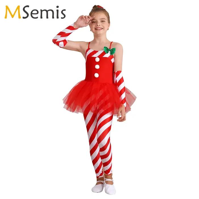 Costume de batterie de danse de Noël Candy Cane pour fille, Unitard Tulle Peplum, costume de père Noël, vêtements de danse, combinaison de batterie, vacances de Noël, enfant