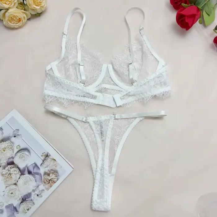 2025 Sexy pure dentelle cils Unline une couche dentelle Lingerie femme Lingerie soutien-gorge et culotte ensemble basique femmes sous-vêtements intimes