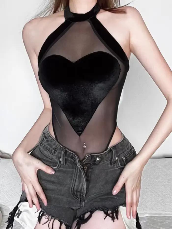 Flocage coeur Sexy Body Lingerie voir à travers maille une pièce corps Feminino sans manches Bustier hauts noirs femmes cou monté
