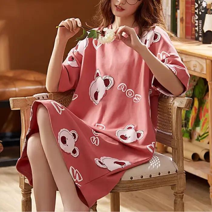 Robe de nuit pour femmes, nouvelle mode, vêtements de nuit, dessin animé, manches courtes, pyjama imprimé, 2024