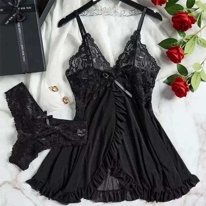 Ensemble de Lingerie en dentelle pour femmes, nuisette transparente, chemise de nuit avec culotte, vêtements de nuit Sexy en dentelle, ensemble pyjama pour femmes