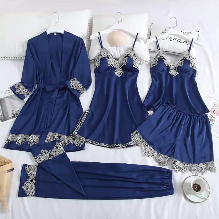 Ensembles de pyjamas en satin pour femmes avec coussinets de poitrine, vêtements de nuit sexy, pyjama de salon de sommeil, vêtements d'intérieur, printemps, automne, 5 pièces