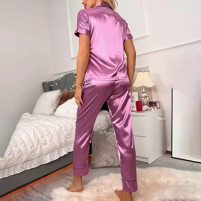 Ensemble de pyjama en satin pour femme, vêtements de nuit luxueux, manches longues, pantalon en Y, poche en forme de cœur, 2 pièces, automne