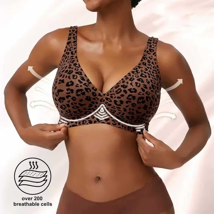 Soutien-gorge imprimé léopard pour femme, sans armatures, couvrance complète, bonnets fins avec maintien doux, tissu respirant, design élégant grande taille