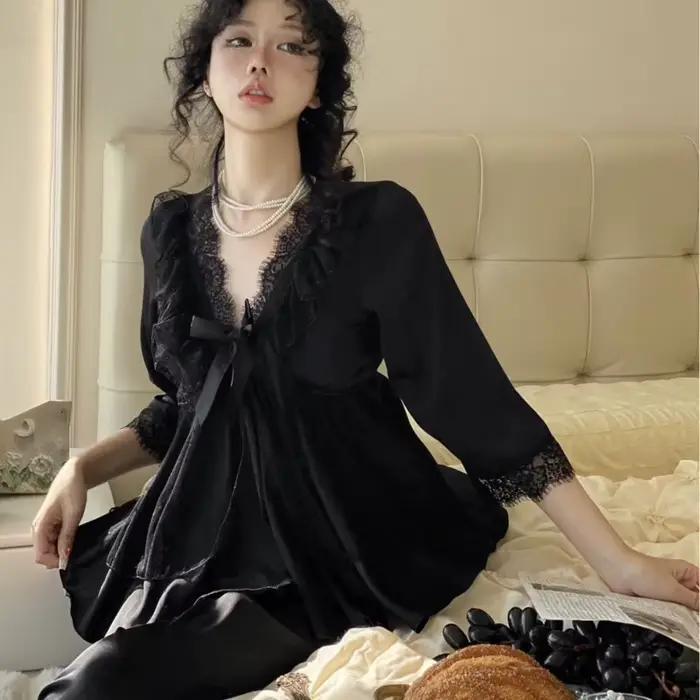 Pyjama princesse Sexy en soie glacée pour femmes, ensemble 2 pièces en dentelle avec nœud papillon, doux, manches longues, pantalon, chemise de nuit, vêtements de nuit, printemps été 2026