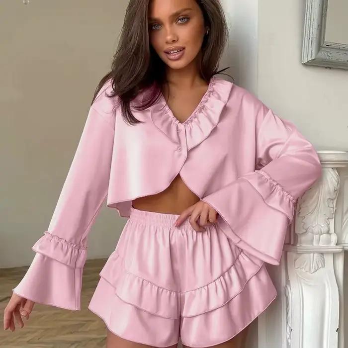 Ensemble de Nuit Décontracté pour Femme : Pyjama à Col en V, Haut Court et Short à Manches Longues pour l'Automne