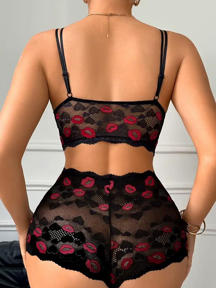 Sexy krajkový lingerie set s potiskem rtů na Valentýna