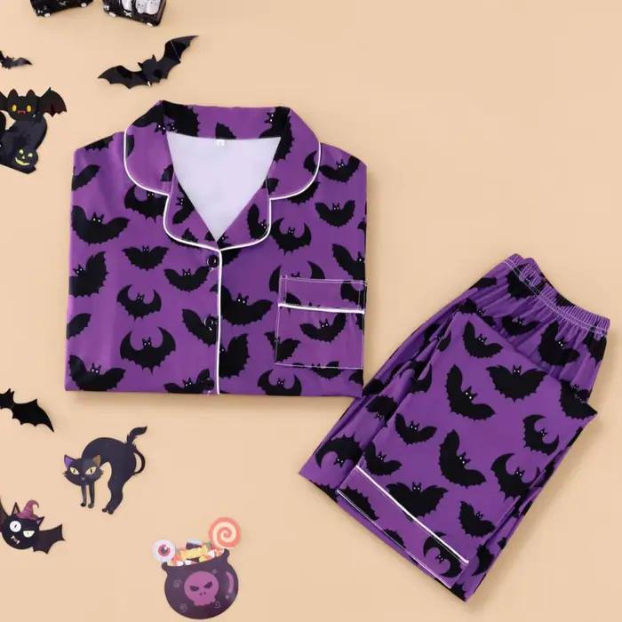 Pyjama violet sur le thème d'halloween pour femmes, avec imprimé chauve-souris, pantalon à manches longues, ensemble de vêtements de maison pour printemps et automne