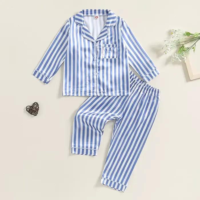 Ensemble de pyjamas en satin pour enfants, vêtements de nuit moulants, chemises à manches longues imprimées à rayures, pantalons longs en Y, salon, automne, filles, garçons, 2 pièces