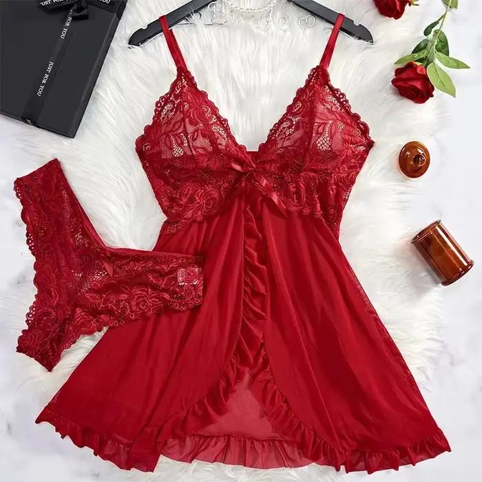 Ensemble de Lingerie en dentelle pour femmes, nuisette transparente, chemise de nuit avec culotte, vêtements de nuit Sexy en dentelle, ensemble pyjama pour femmes
