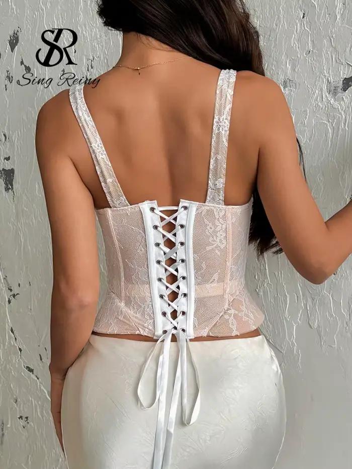 SINGREINY INS Hot Girl Top Corset en Dentelle pour Femme, Mini Camisole Sans Manches à Bretelles, Dos Nu à Lacets, en Maille Florale, Effet Sculptant, Débardeur Amincissant