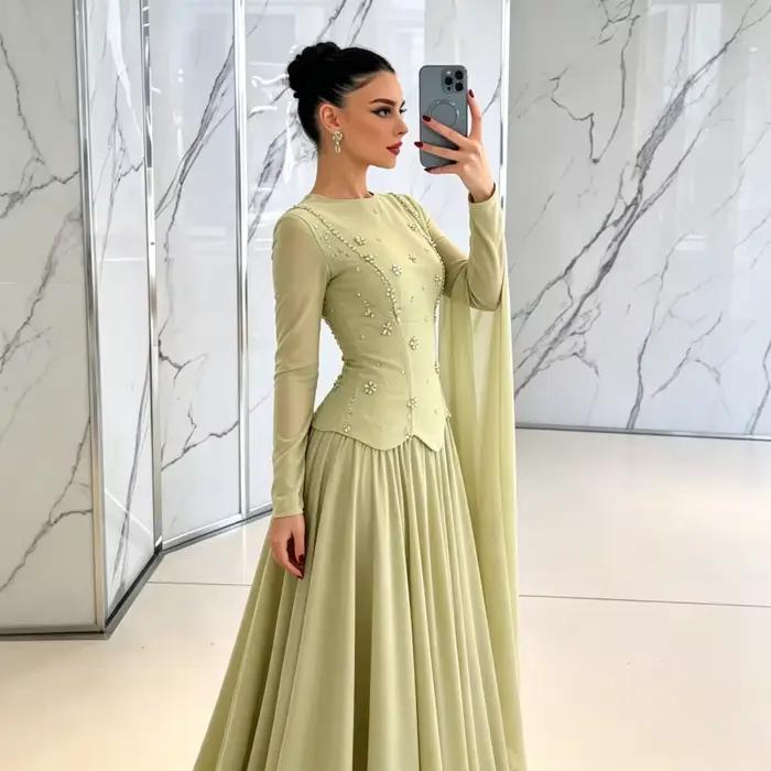 Robe de soirée corset à manches longues 2026 avec appliques florales perlées, dos lacé, coupe trapèze, pour femme, idéale pour les fêtes - Siren Hill