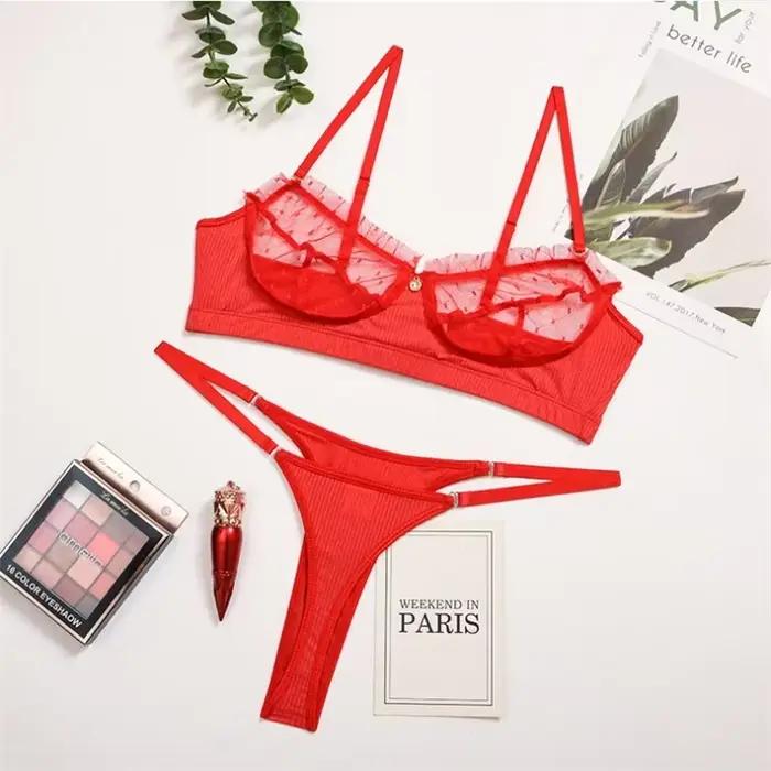 Ensemble de sous-vêtements 2 pièces en dentelle et maille à volants pour femmes, soutien-gorge Transparent, culotte, slip, blanc, Sexy, sans couture