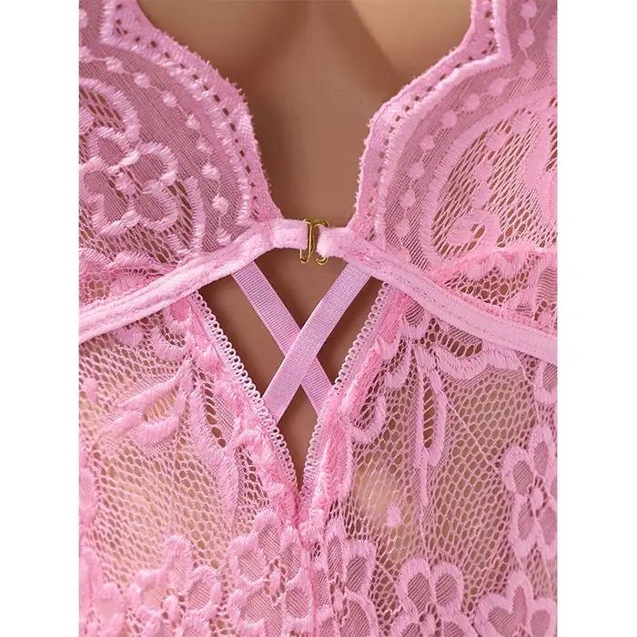 Lingerie Ultra Sexy audacieuse pour femmes, soutien-gorge à col en v, body rose, accessoires sans entrejambe, sous-vêtements sensuels, robe moulante romantique