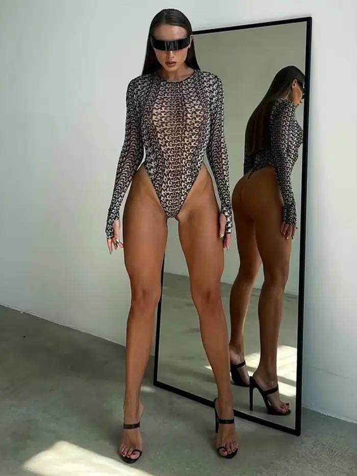 Sexy Body s dlouhými rukávy Jednodílný Bustier Přiléhavý střih Topy Korzet pro ženy Y2k oblečení Kulatý výstřih Dámské prádlo Streetwear