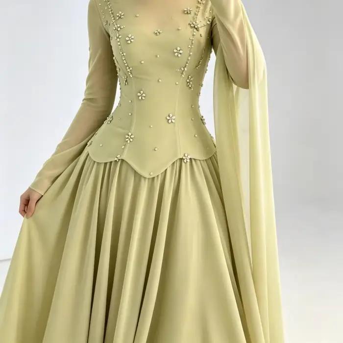 Robe de soirée corset à manches longues 2026 avec appliques florales perlées, dos lacé, coupe trapèze, pour femme, idéale pour les fêtes - Siren Hill