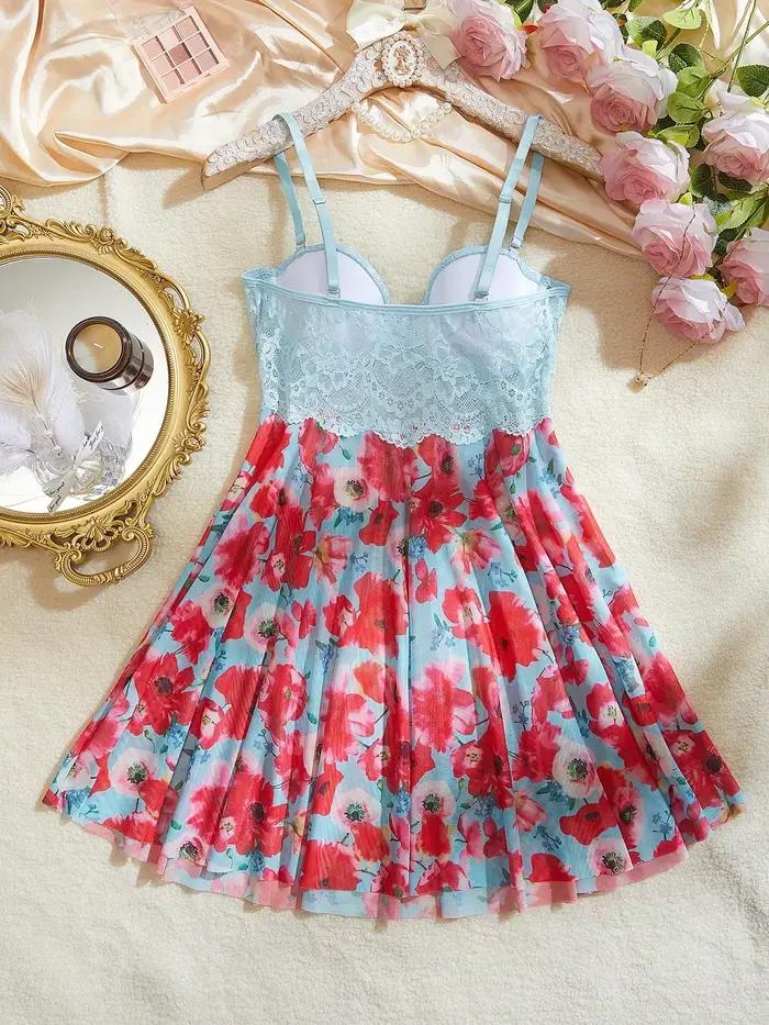 Nouvelle Robe de Nuit Sexy pour Femme, Imprimé Floral, Lingerie Romantique, Vêtements de Nuit Attrayants, Pyjama d'Été, Babydoll Intime