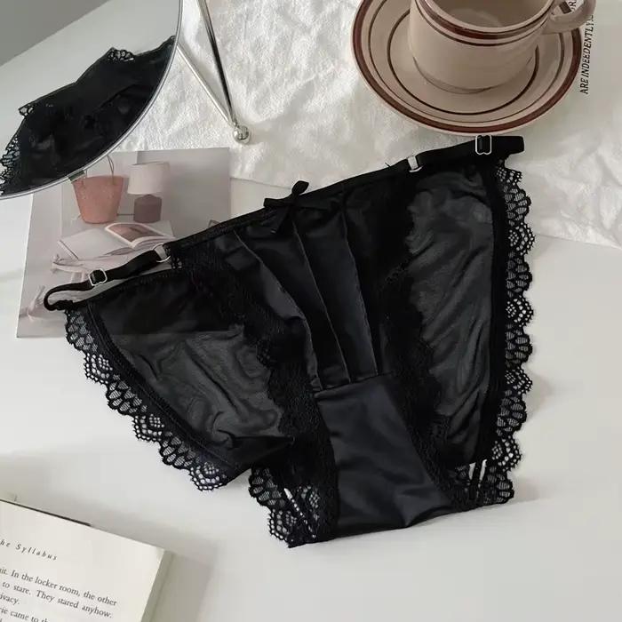 Culottes pour femmes, couleur unie, respirantes, sous-vêtements fins, dentelle française sexy avec nœud, ceinture réglable, culottes fines en maille