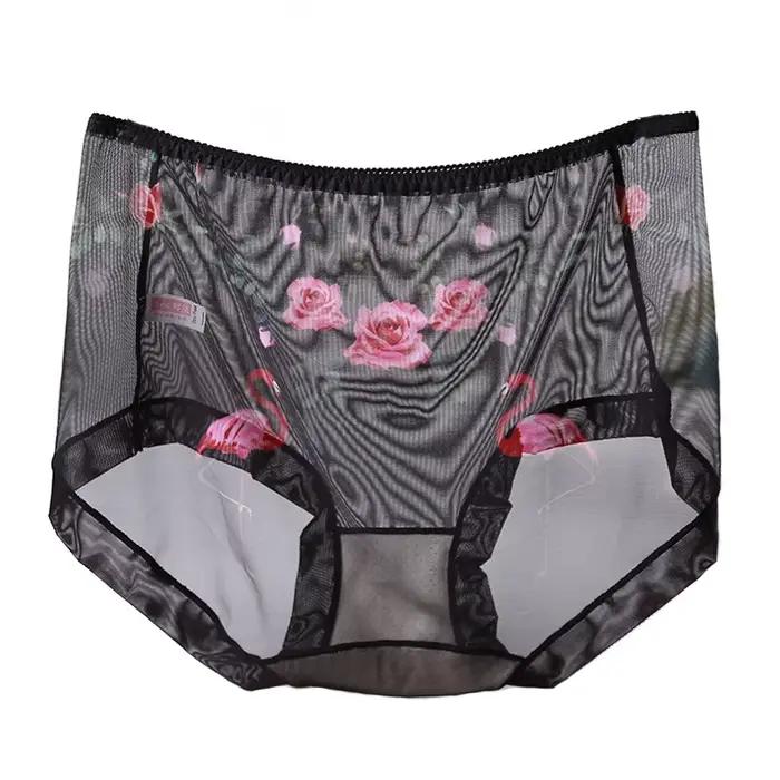 Culotte en maille transparente Ultra-fine pour femme, sous-vêtement Sexy imprimé, grande taille