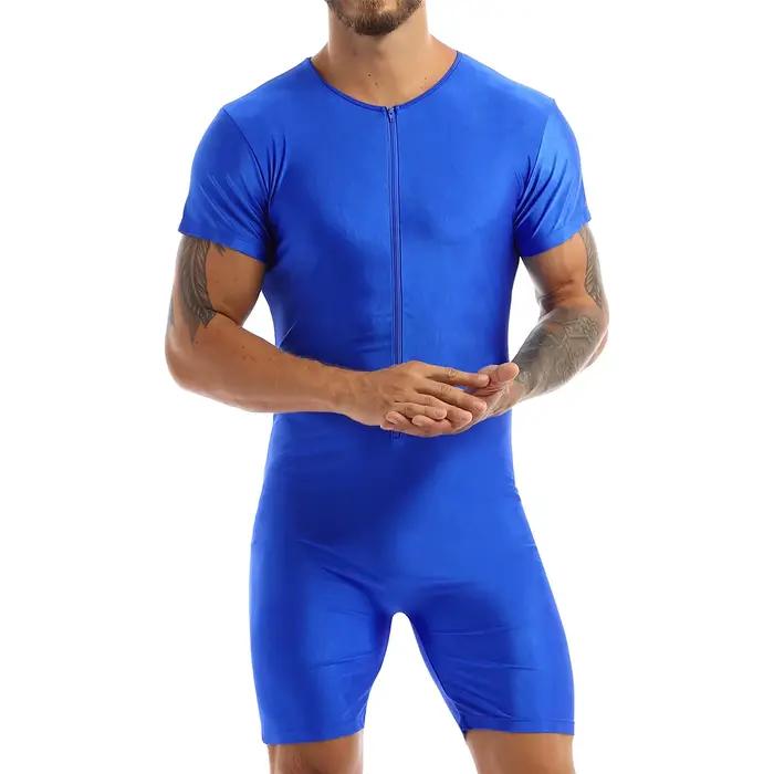Pyjama une pièce pour hommes, sous-vêtements, combinaison justaucorps, manches courtes, fermeture éclair sur le devant, Boxer élastique doux, slip, body, maillots de bain