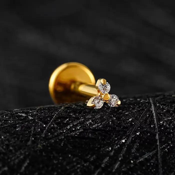 Right Grand Piercing labret en titane ASTM F136, minuscule trinité en zircone cubique, 16 g, 2,5/3,5/4,5 mm, triple fleur en zircone cubique, pour cartilage, hélix, tragus, nez, lèvre, méduse, lobe d'