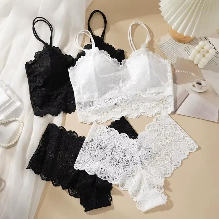 Costume de soutien-gorge en dentelle pour femmes, ensemble solide, beau dos ajouré, sans anneau en acier, sous-vêtements avec dentelle fleur, culotte respirante