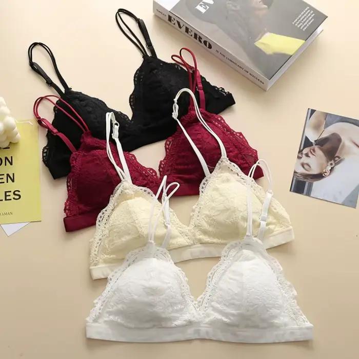 Bralette en dentelle florale à double bretelle et col en V pour femme, bord festonné, soutien-gorge sans armatures, lingerie sexy, fermeture à crochet au dos, intimes quotidiens S-L
